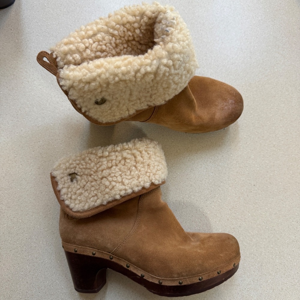 UGG Lynnea Chestnut Suede Sheepskin Clog Boots Brown 3204 Womens 7